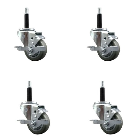 Service Caster 3'' SS Gray Poly Swivel 3/4'' Expanding Stem Caster Set with Brake, 4PK SCC-SSEX20S314-PPUB-TLB-34-4